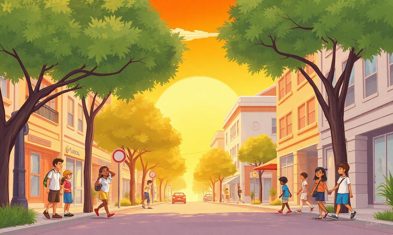 A sunny city street with very few trees